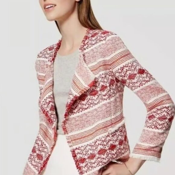 Loft Fiest Blazer Red White Woven Open front Raw Hem; Boho Fringe Size 10 - Picture 1 of 5